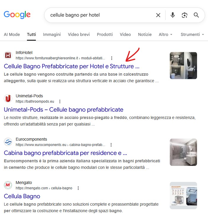 Posizionamento Google per cellule bagno per hotel